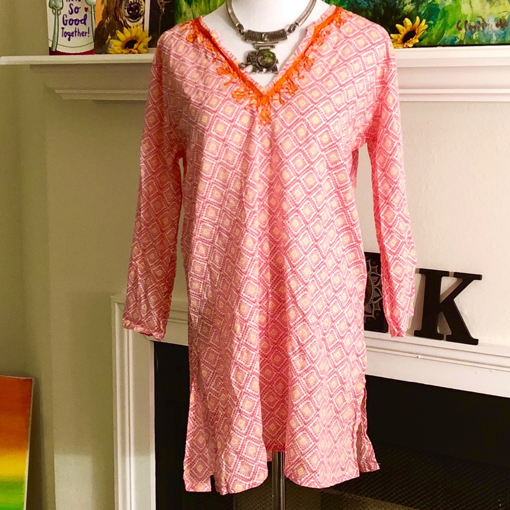 flora geo coral/orange embroidered tunic dress